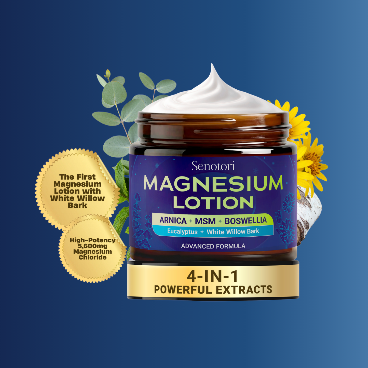 Senotori Magnesium Cream for Feet, Muscle with Eucalyptus, Arnica, MSM, White Willow Bark (WWB) -4Oz